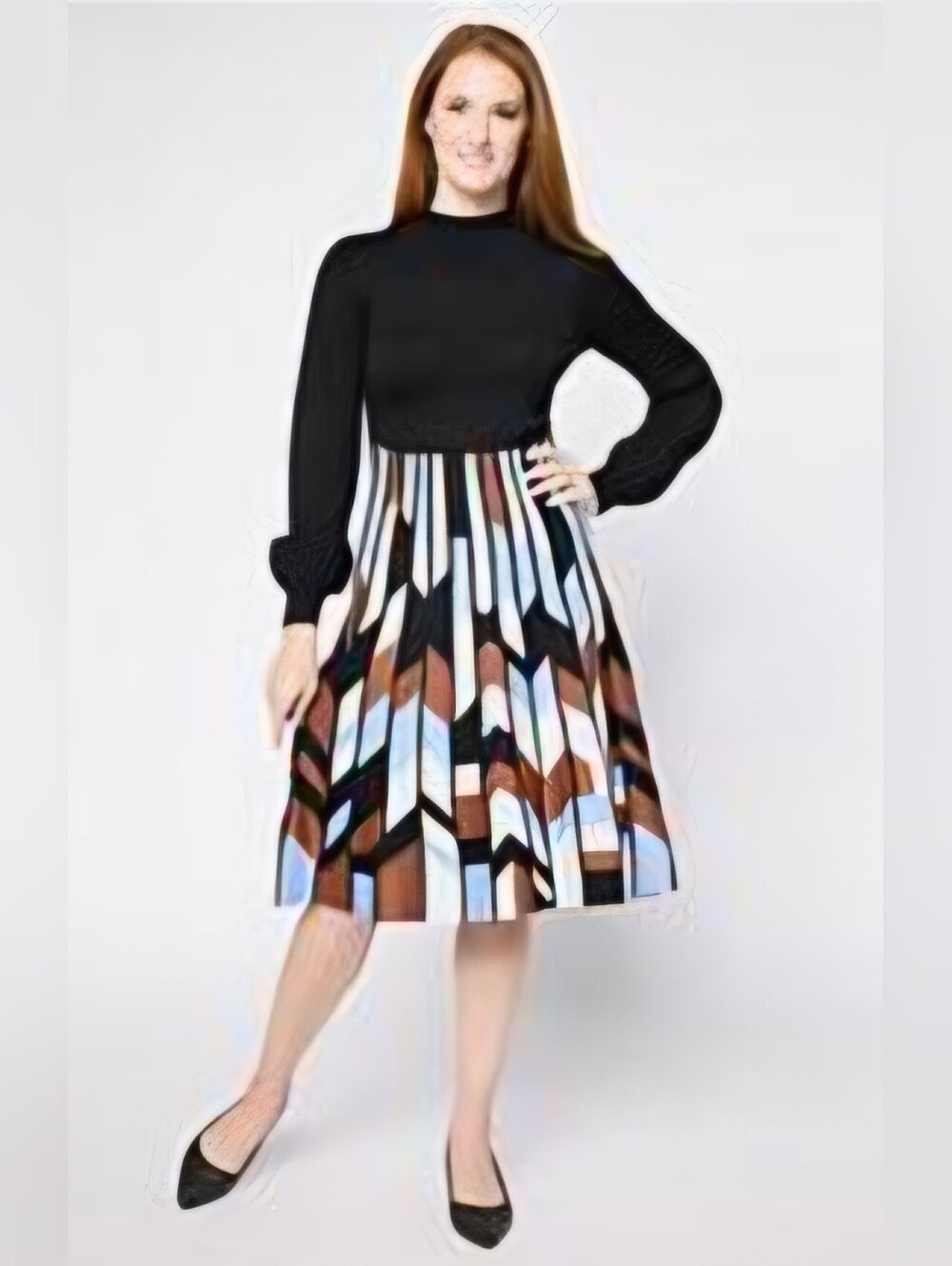 Nina Leonard Mock Neck Long Sleeve Sweater Dress w/ Geometric Multi-Color Skirt